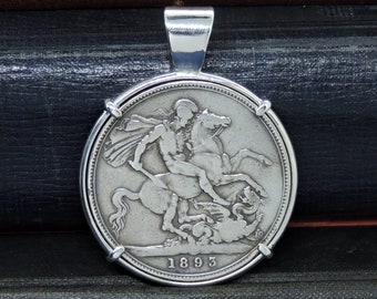 Queen Victoria Coin Jewelry with 1893 British Sterling Crown in Handmade Sterling SIlver Pendant Setting