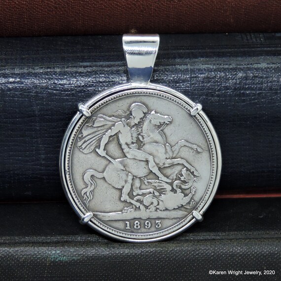 Queen Victoria Coin Jewelry with 1893 British Sterling Crown in Handmade Sterling SIlver Pendant Setting