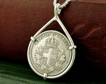 Italy Coin Jewelry with Antique Italian 20 Centesimi Coin in Handmade Sterling Silver Setting