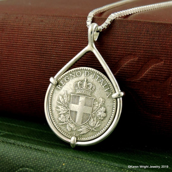 Italy Coin Jewelry with Antique Italian 20 Centesimi Coin in Handmade Sterling Silver Setting
