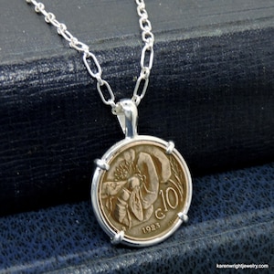 Italian Coin Jewelry with Vintage Italy Bee Coin in Handmade Sterling Silver Pendant Setting