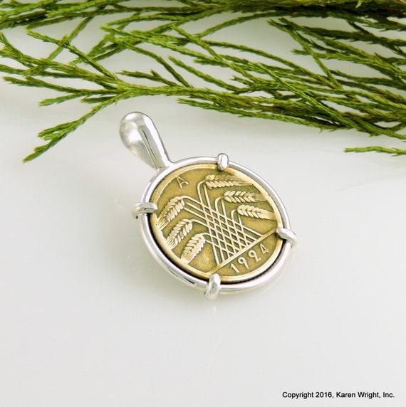 German Coin Jewelry with Vintage Art Deco Pfennig Coin in Handmade Pendant Setting