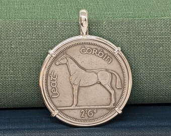 Coin Jewelry with Vintage Ireland Half Coroin Horse Coin in Handmade Sterling Silver Pendant Setting