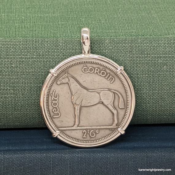 Coin Jewelry with Vintage Ireland Half Coroin Horse Coin in Handmade Sterling Silver Pendant Setting