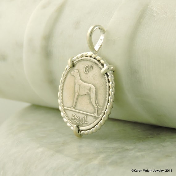 Irish Coin Jewelry with Vintage Irish Hound Coin in Handmade Sterling Silver Pendant Setting