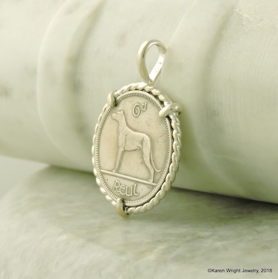 Irish Coin Jewelry with Vintage Irish Hound Coin in Handmade Sterling Silver Pendant Setting