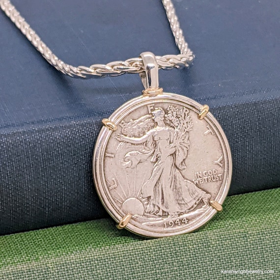 Coin Jewelry with Vintage Walking Liberty Half Dollar in Handmade Yellow Gold and Silver Pendant Setting