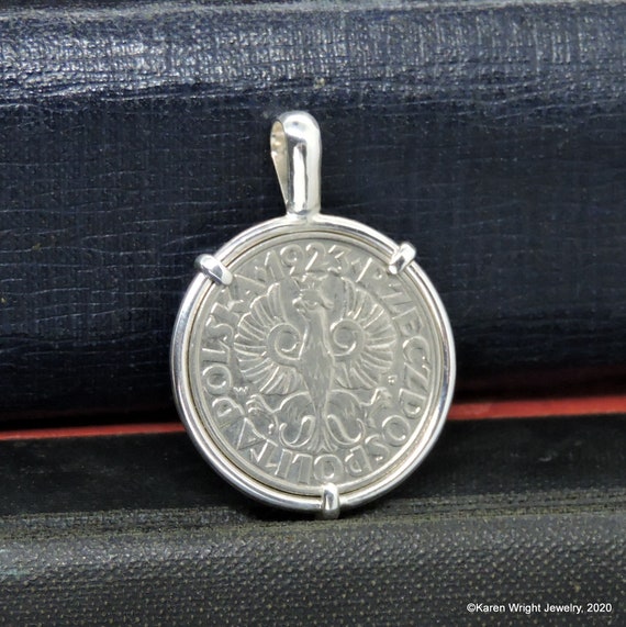 Poland Coin Jewelry with Vintage 1923 50 Grozny in Handmade Sterling SIlver Pendant Setting