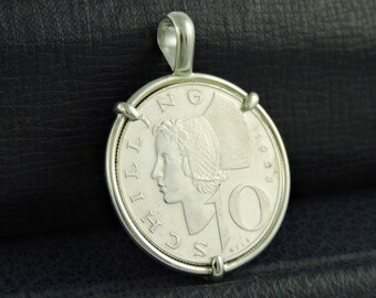 Austria Coin Jewelry with Vintage 1958 Austrian 10 Silver Schilling in Handmade Sterling Silver Pendant Setting