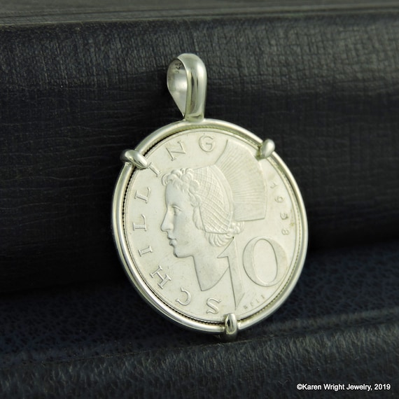 Austria Coin Jewelry with Vintage 1958 Austrian 10 Silver Schilling in Handmade Sterling Silver Pendant Setting