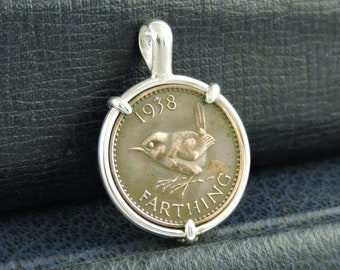 UK Coin Jewelry with Vintage George VI or Elizabeth II Farthing Bird Coin in Handmade Sterling Silver Pendant Setting