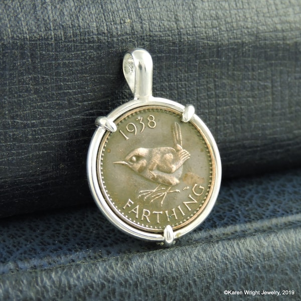 UK Coin Jewelry with Vintage George VI or Elizabeth II Farthing Bird Coin in Handmade Sterling Silver Pendant Setting