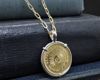 Argentina Coin Jewelry with Vintage 1977 Sun 5 Peso Coin in Handmade Pendant Setting