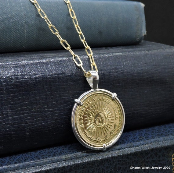 Argentina Coin Jewelry with Vintage 1977 Sun 5 Peso Coin in Handmade Pendant Setting