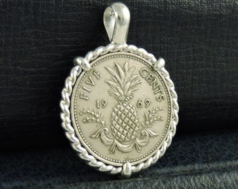 Birthday Coin Jewelry with Vintage Bahamas Coin in Handmade Sterling Silver Pendant Setting