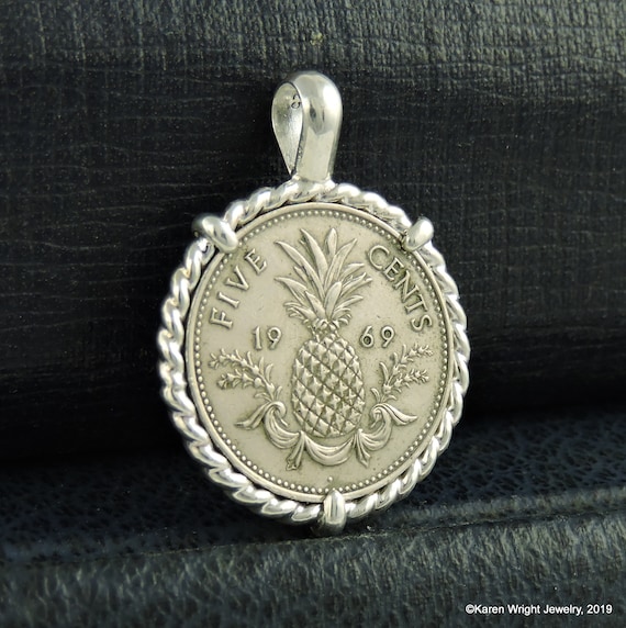 Birthday Coin Jewelry with Vintage Bahamas Coin in Handmade Sterling Silver Pendant Setting