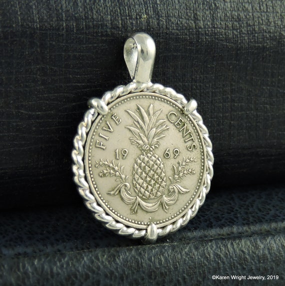 Birthday Coin Jewelry with Vintage Bahamas Coin in Handmade Sterling Silver Pendant Setting