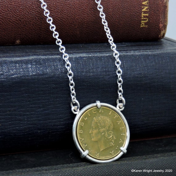 Italy Coin Jewelry with Vintage Italian 20 Lire Coin in Handmade Sterling Silver Necklace