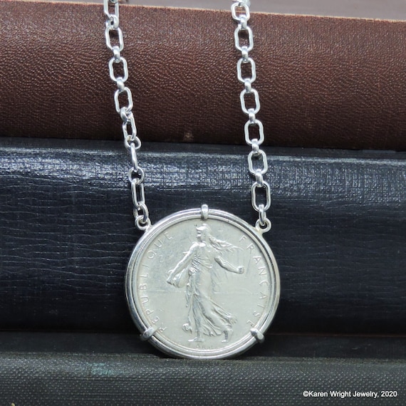 France Coin Jewelry with Vintage 1962 Roty Silver Five Franc French Coin in Handmade Silver Pendant Setting