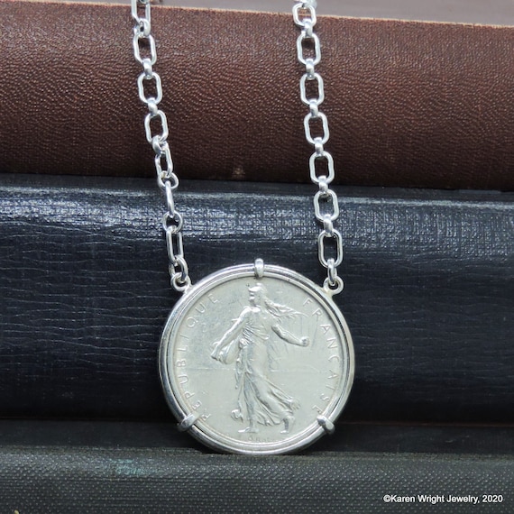 France Coin Jewelry with Vintage 1962 Roty Silver Five Franc French Coin in Handmade Silver Pendant Setting