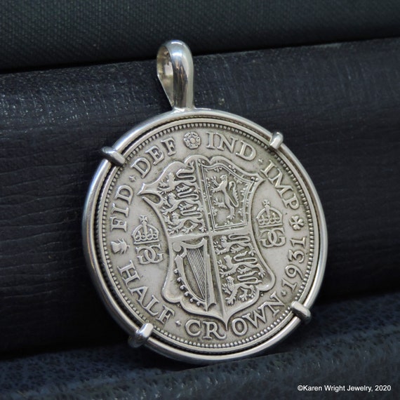 UK Coin Jewelry with Vintage English George V Silver Half Crown in Handmade Sterling Silver Pendant Setting