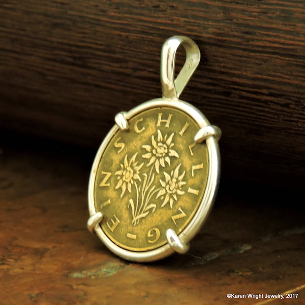 Austrian Coin Jewelry with Vintage Edelweiss Schilling in Handmade Pendant Setting