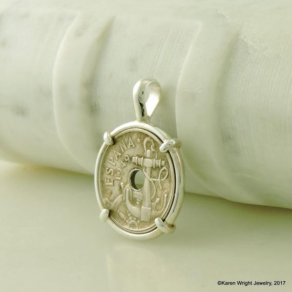 Nautical Coin Jewelry with Vintage Spain Anchor Coin Set in Handmade Sterling Silver Pendant Setting