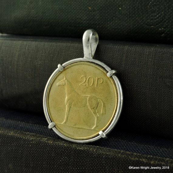 Birthday Horse Coin Jewelry with Vintage Irish 20P Horse Coin in Handmade Sterling Silver Pendant Setting