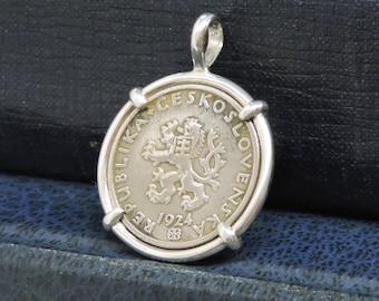 Czechoslovakia Coin Jewelry with Antique Czech Republic Haleru Coin in Handmade Pendant Setting