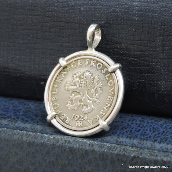 Czechoslovakia Coin Jewelry with Antique Czech Republic Haleru Coin in Handmade Pendant Setting