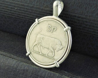 Birthday Coin Jewelry with Vintage Ireland Bull Coin in Handmade Sterling Silver Pendant Setting