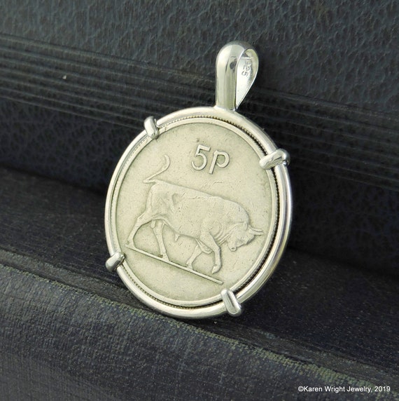 Birthday Coin Jewelry with Vintage Ireland Bull Coin in Handmade Sterling Silver Pendant Setting