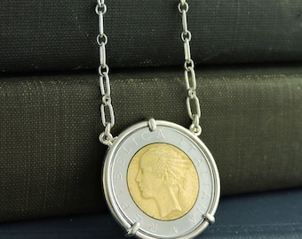 Coin Necklace with Vintage Italian 500 Lire Coin in Handmade Sterling Silver Setting