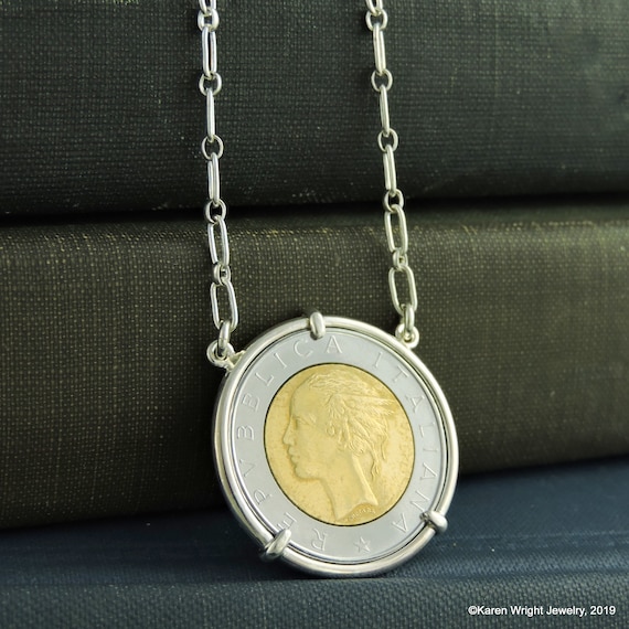 Coin Necklace with Vintage Italian 500 Lire Coin in Handmade Sterling Silver Setting