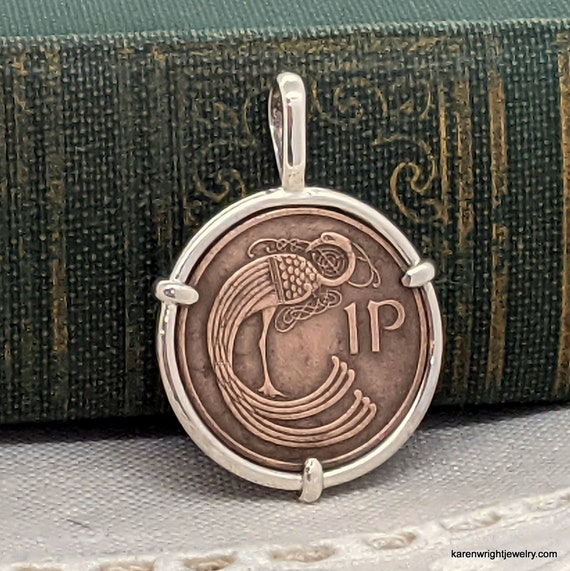 Birthday Irish Coin Jewelry Ireland Celtic Bird Penny Coin in Handmade Sterling Silver Pendant Setting Vintage