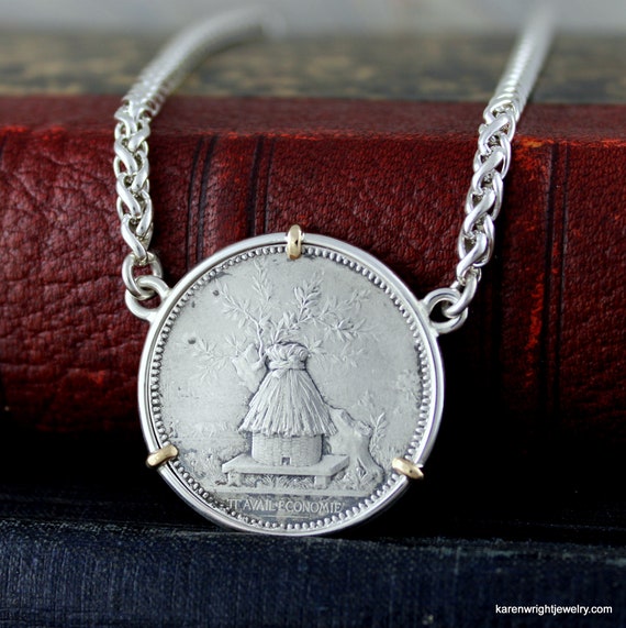 Antique French Silver 19th C. Paris Bank Jeton Token with Beehive and Skep in Handmade Sterling Silver and 18k Yellow Gold Necklace