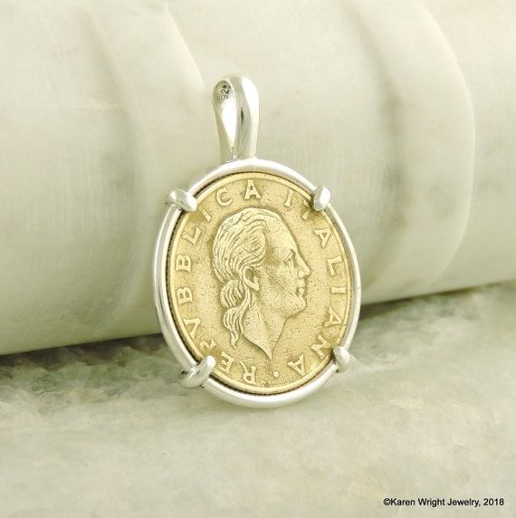 Birthday Italy Coin Jewelry with Vintage Italian Lire Coin in Handmade Sterling Silver Pendant Setting