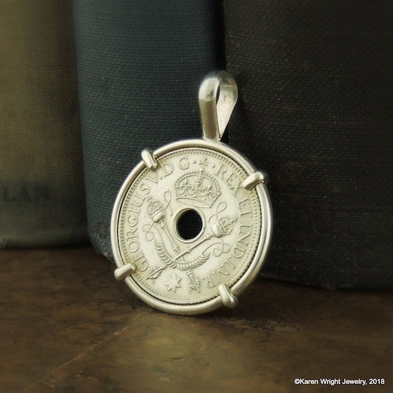 Coin Jewelry witn 1936 Vintage New Guinea Silver Coin in Handmade Sterling Silver Pendant Setting