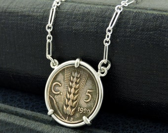 Italian Coin Jewelry with Vintage Italian 5 Centesimi Coin in Handmade Sterling Silver Necklace