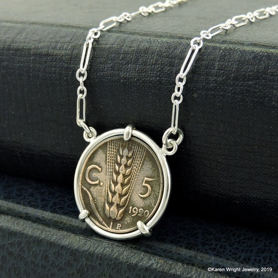 Italian Coin Jewelry with Vintage Italian 5 Centesimi Coin in Handmade Sterling Silver Necklace