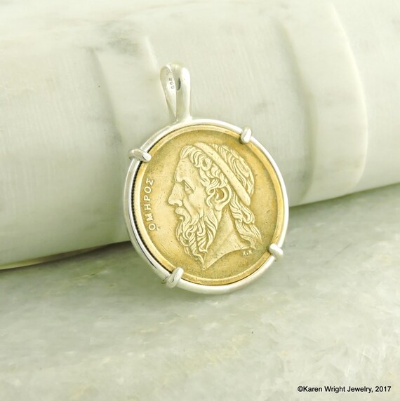 Greece Coin Jewelry with Vintage Greek Homer Coin in Handmade Sterling Silver Pendant Setting