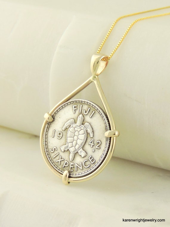 Sixpence Coin Jewelry with Vintage 1942 Fiji Turtle Silver Sixpence in Handmade 14k Yellow Gold Pendant Setting