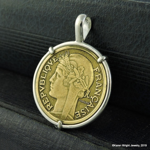 Art Deco Coin Jewelry with Vintage Morlon France 2 Franc in Handmade Sterling Silver Pendant