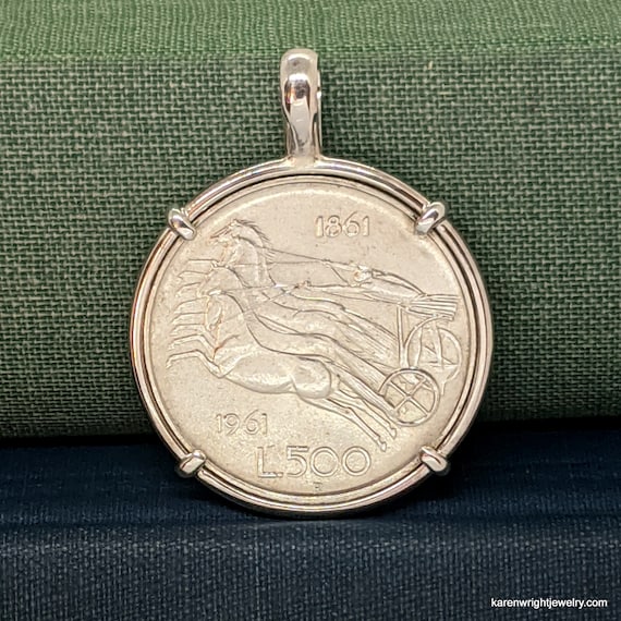 Italy Coin Jewelry with Vintage Silver Lire in Handmade Sterling Silver Pendant Setting