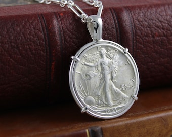 US Coin Jewelry with Vintage Walking Liberty Half Dollar in Handmade Pendant Setting
