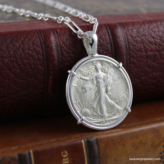 US Coin Jewelry with Vintage Walking Liberty Half Dollar in Handmade Pendant Setting