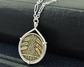 German Coin Jewelry with Vintage Art Deco 10 Pfennig Coin in Handmade Sterling Silver Necklace