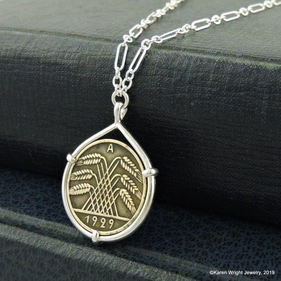 German Coin Jewelry with Vintage Art Deco 10 Pfennig Coin in Handmade Sterling Silver Necklace