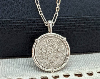 U.K. Coin Jewelry with Vintage Elizabeth II Sixpence in Handmade Sterling Silver Pendant Setting