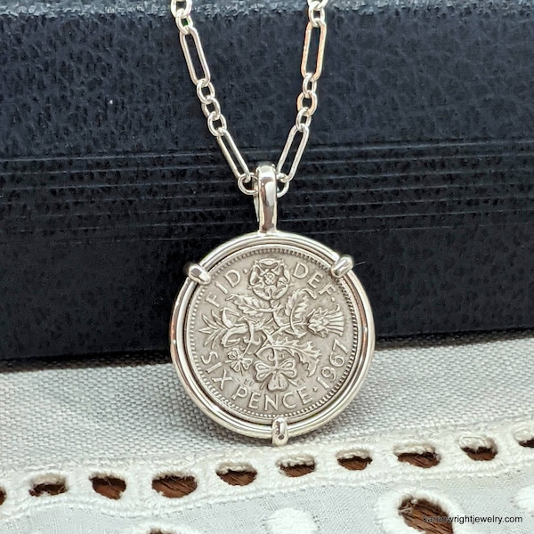 U.K. Coin Jewelry with Vintage Elizabeth II Sixpence in Handmade Sterling Silver Pendant Setting